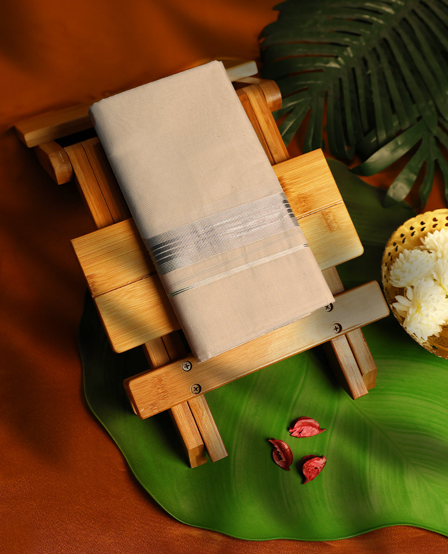 Light ivory Colour cotton double dhoti with Light Rose Gold kara, crafted for traditional elegance & comfort, for men.