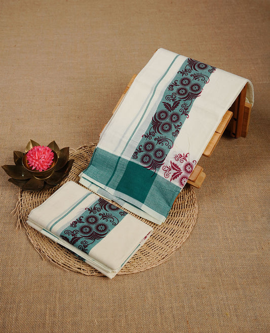 Cream colour cotton set mundu highlighting green colour border with maroon colour floral print