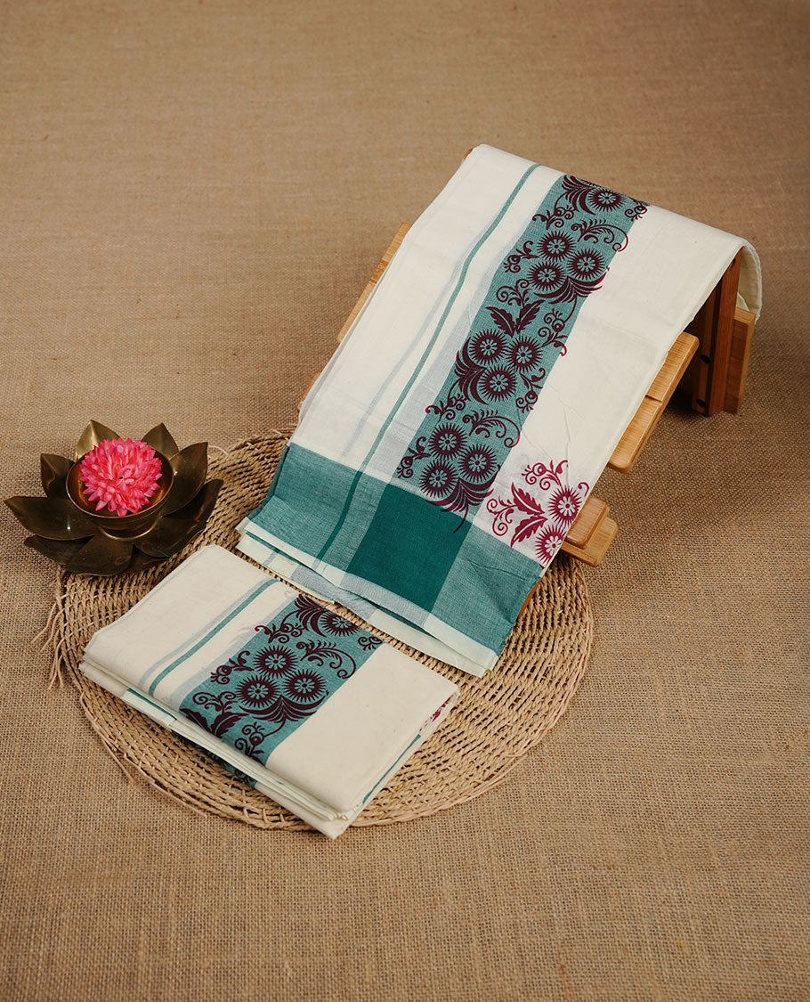Cream colour cotton set mundu highlighting green colour border with maroon colour floral print