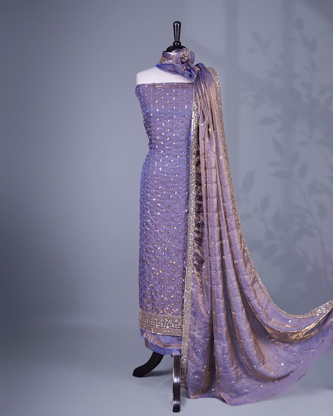 Blue & Gold double shade colour salwar material with Cut beats & sequins work on body, Matching Bottom & dupatta.