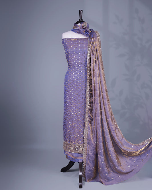 Blue & Gold double shade colour salwar material with Cut beats & sequins work on body, Matching Bottom & dupatta.