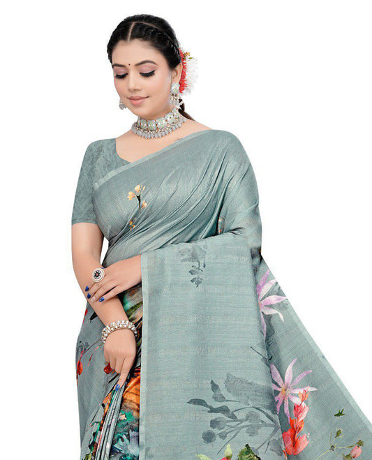 Light Steel blue Semi linen saree featuring vibrant multicolour floral digital prints on body and pallu, paired with a matching blouse.