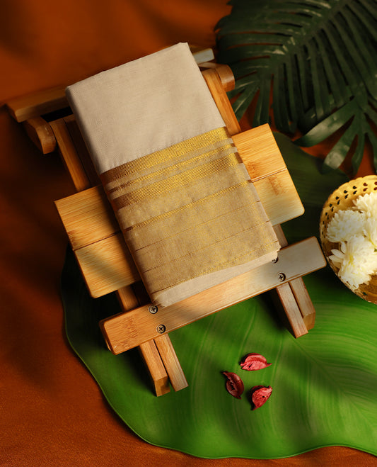 Light ivory Colour cotton double dhoti with Heavy Golden kara, crafted for traditional elegance & comfort, for men.