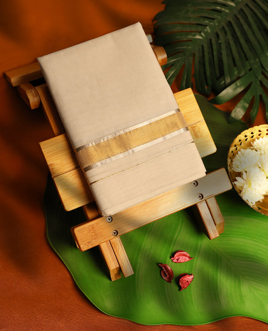 Light ivory Colour cotton double dhoti with light rose Gold and Gold kara, crafted for traditional elegance & comfort, for men.