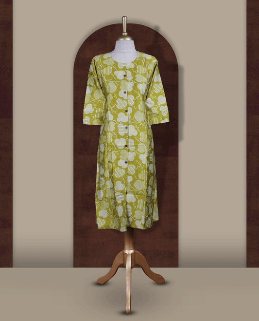 Lemon green colour kurthi with off white floral prints, crafted from soft cotton for a breezy and elegant look & Features a round neckline, 3/4th sleeves, and a button down front.