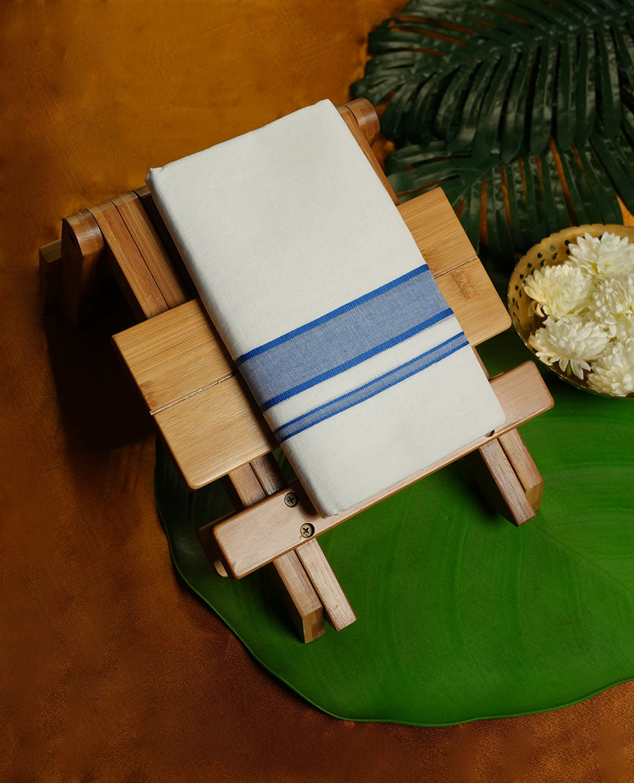 White Colour RAMRAJ Pure Cotton double Dhoti with Blue Colour Border for Men