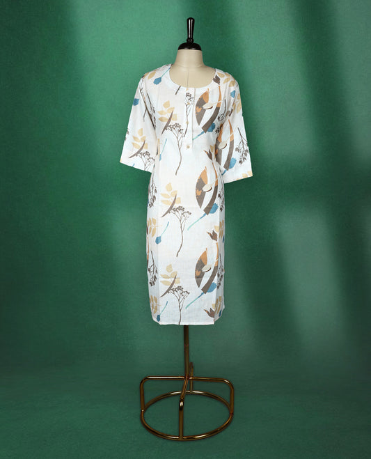 Off white cotton kurti with earthy toned abstract floral prints, round neckline, front buttons, and elbow-length sleeves, breezy and artistic choice for casual outings.