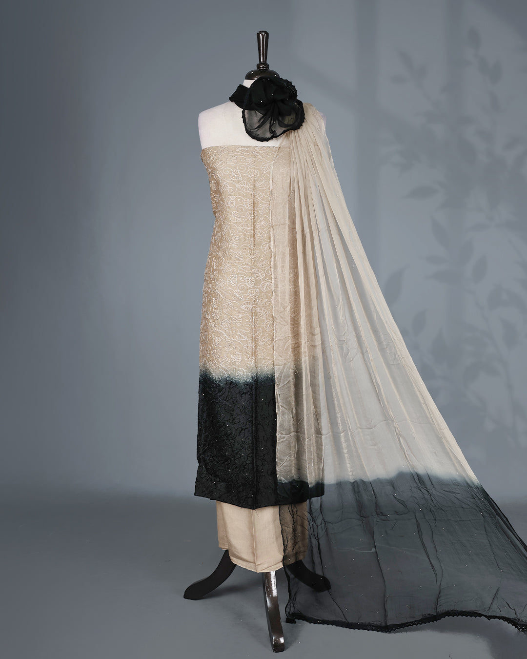 Beige & Black Ombre Colour Salwar Material Featuring Elegant Self Thread Embroidery on the Kurta, paired with a matching bottom & graceful shaded Dupatta.