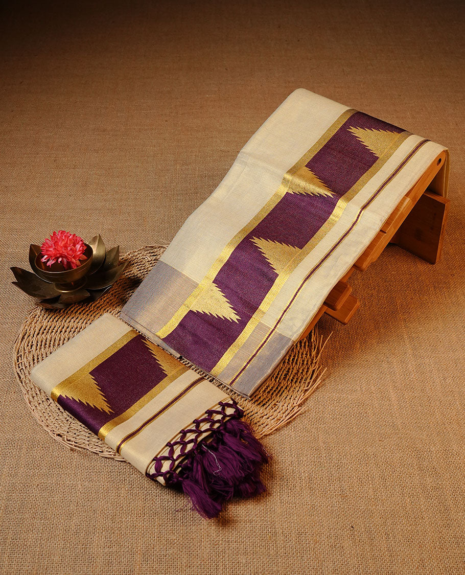 Cream colour Tissue silk set mund Featuring Elegant plain body, Complemented by Temple print on Purple colour & gold zari border.
