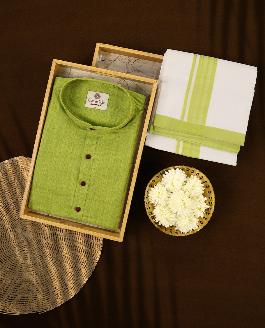 Lime green short kurta and white dhoti set featuring a matching lime green zari border designed for a vibrant and traditional look perfect for festive and cultural celebrations
