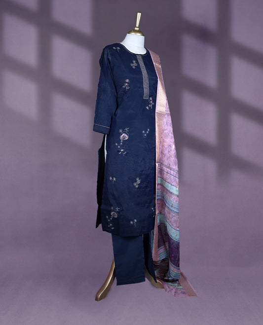 Navy blue Colour kurti set featuring a straight-cut silhouette with 3/4th sleeves, a simple round neckline with a front placket, and delicate floral embroidery, paired with plain Bottam & a richly patterned pastel dupatta with golden detailing.