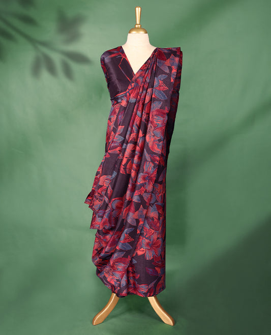 Dark Shade Manipuri saree adorned with oversized floral motifs in rich shades of crimson red and indigo blue with a smooth borderless finish that highlights the vivid floral pattern and comes with a matching blouse