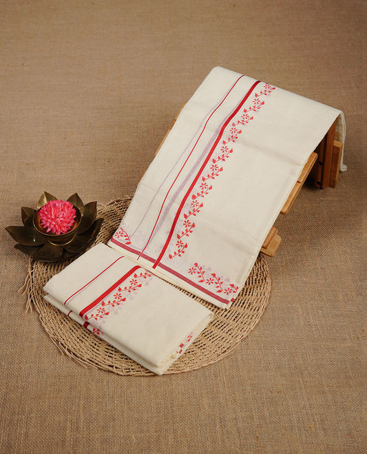 Cream colour cotton  set mundu highlighting red colour border with floral  print.