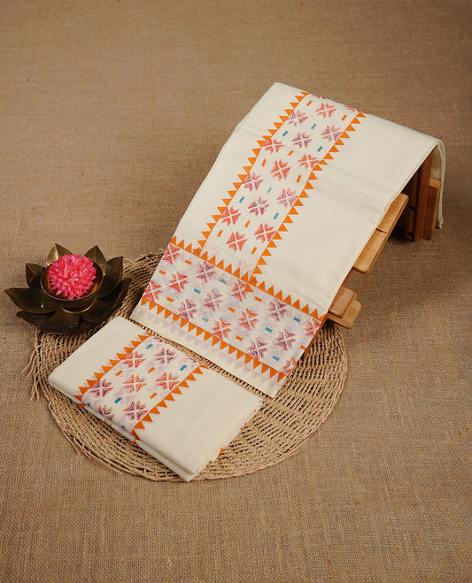 Cream colour cotton set mundu highlighting Orange colour geometric print border.