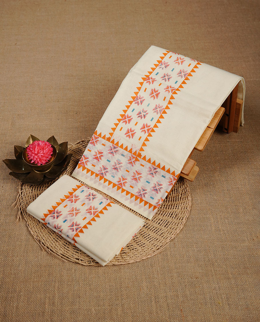 Cream colour cotton set mundu highlighting Orange colour geometric print border.