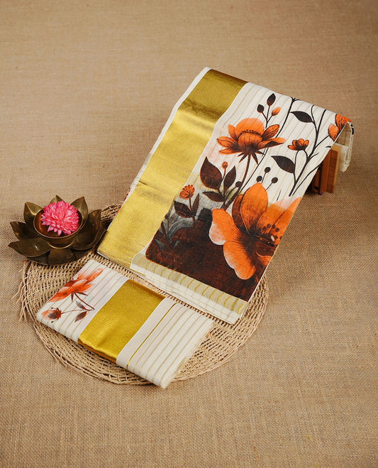 Cream colour cotton set mundu highlighting gold zari stripes border with floral print.