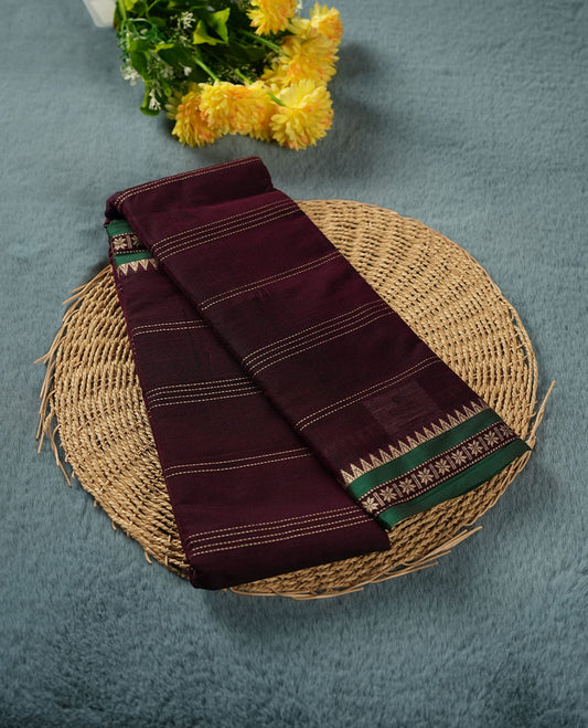 Maroon colour Narayanapattu cotton saree featuring a Cream colour striped pattern on body, contrast Green colour with cream zari border and pallu, pairing a matching blouse piece.