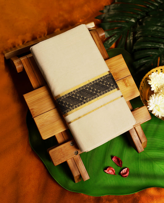 Elegant off white colour pure handloom cotton dhoti featuring an ornate black woven design bordered with golden zari, offering a perfect fusion of tradition and elegance for weddings, festivals, and cultural occasions.