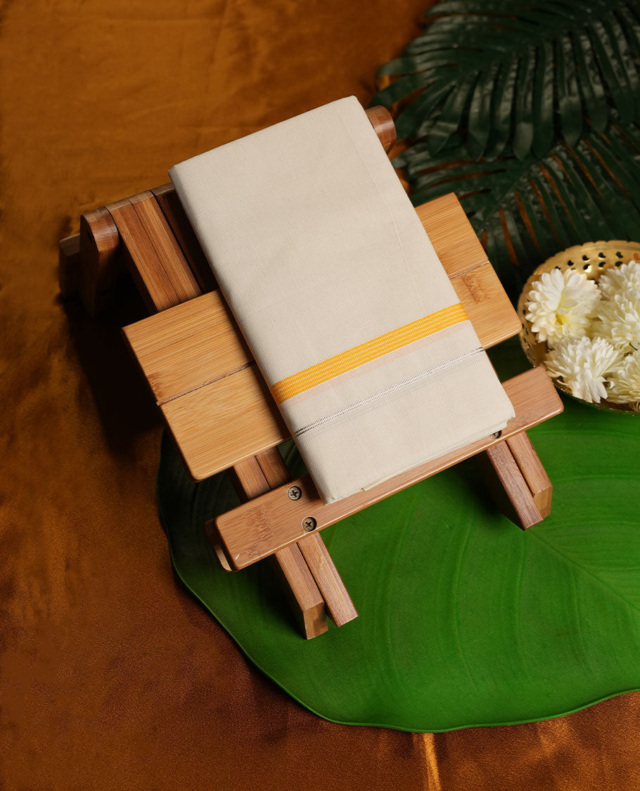 Cream Colour Pure Cotton single Dhoti with Yellow Colour Border for Men