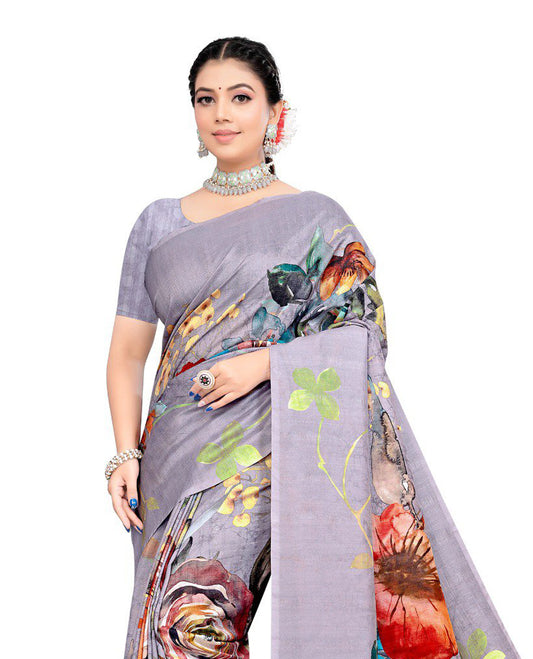 Pastel violet colour Semi linen saree featuring vibrant multicolour floral digital prints on body and pallu, paired with a matching blouse.