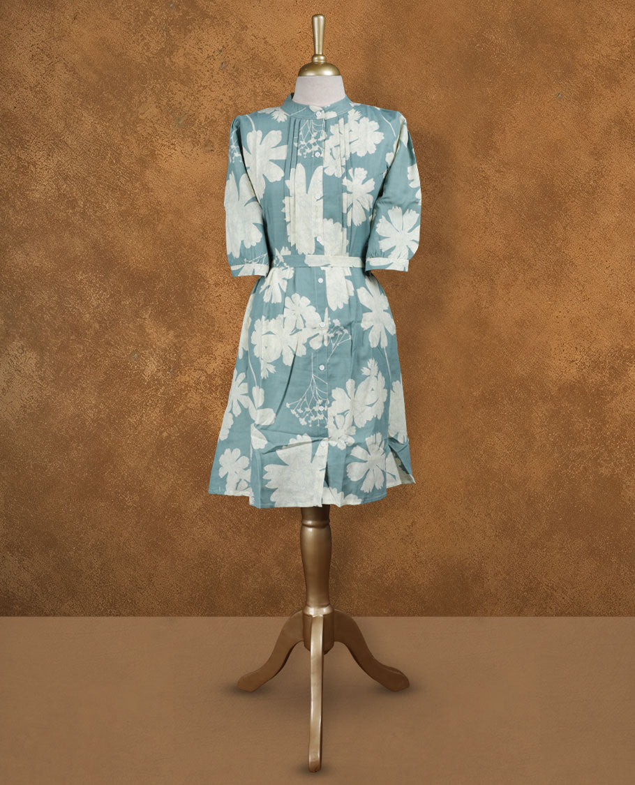 Teal blue floral printed nightwear shirt dress with band collar, pintuck detailing on the yoke, front button placket, and three-quarter sleeves
