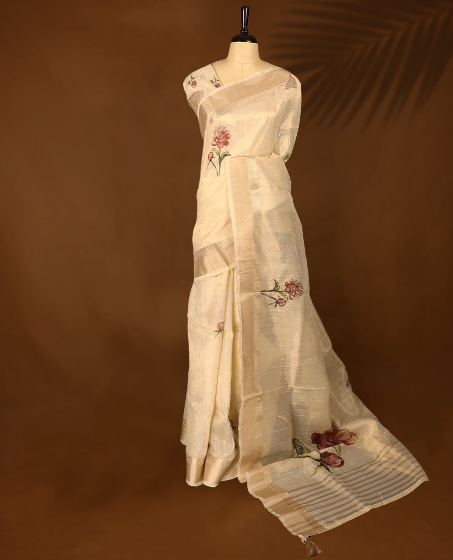 Radiant gold organza Kerala saree adorned with delicate floral Digital Prints, a shimmering zari border and a matching blouse