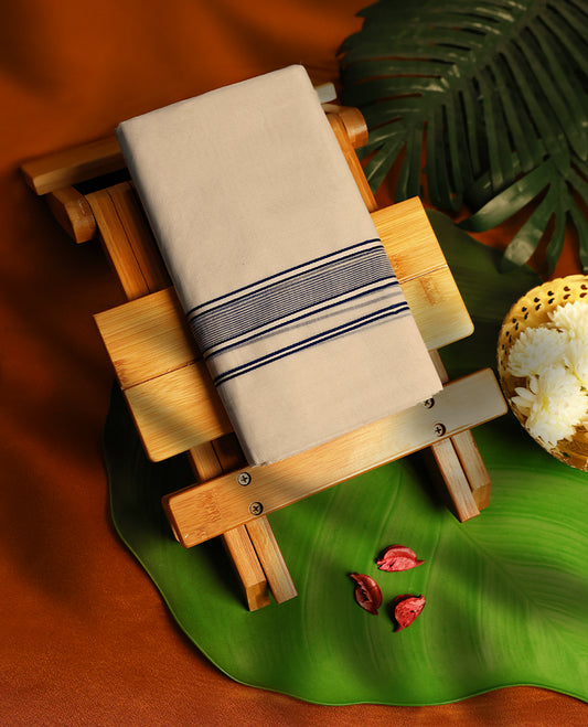 Light ivory Colour cotton double dhoti with 1.5 Inch Black Striped kara, crafted for traditional elegance & comfort, for men.