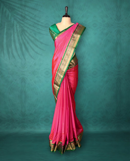 Pink colour Traditional Kancheepuram Silk saree with small gold motifs on body, Green traditional border with intricate gold zari weaving, grand zari pallu, perfect for Bharatanatyam, with matching blouse.