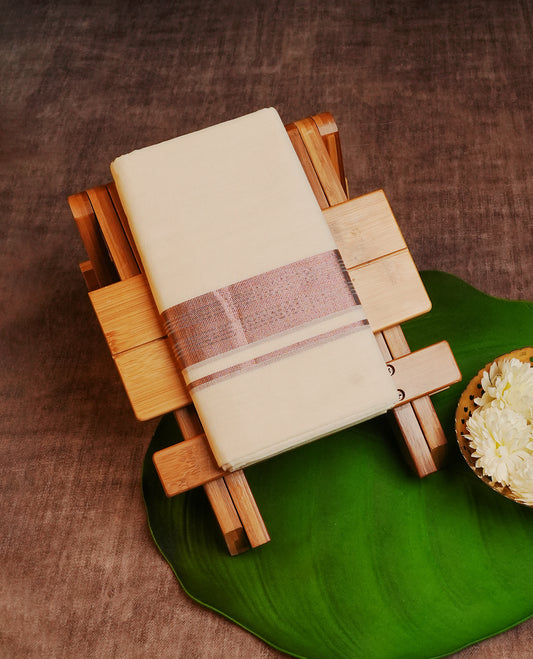 Cream Colour Cotton Double Dhoti Finished With A Classic Rose Gold Zari Kasav Kara