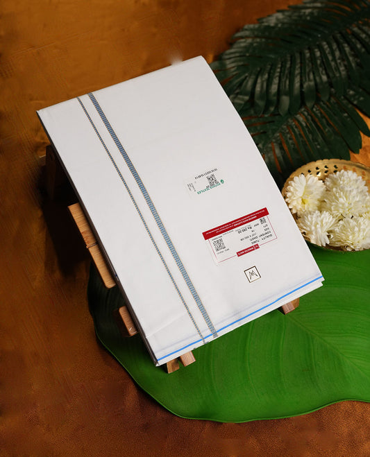 White Colour Minister White Pure Cotton single Dhoti with Gold and Blue Colour Border for Men