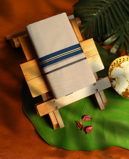 Light ivory Colour cotton double dhoti with Cobalt Blue kara, crafted for traditional elegance & comfort, for men.