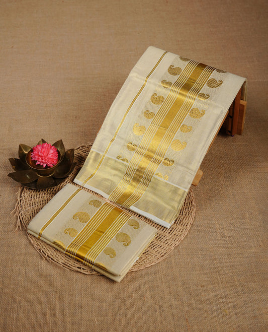 Light Gold colour tissue set mundu highlighting gold zari Mango pattern traditional border.