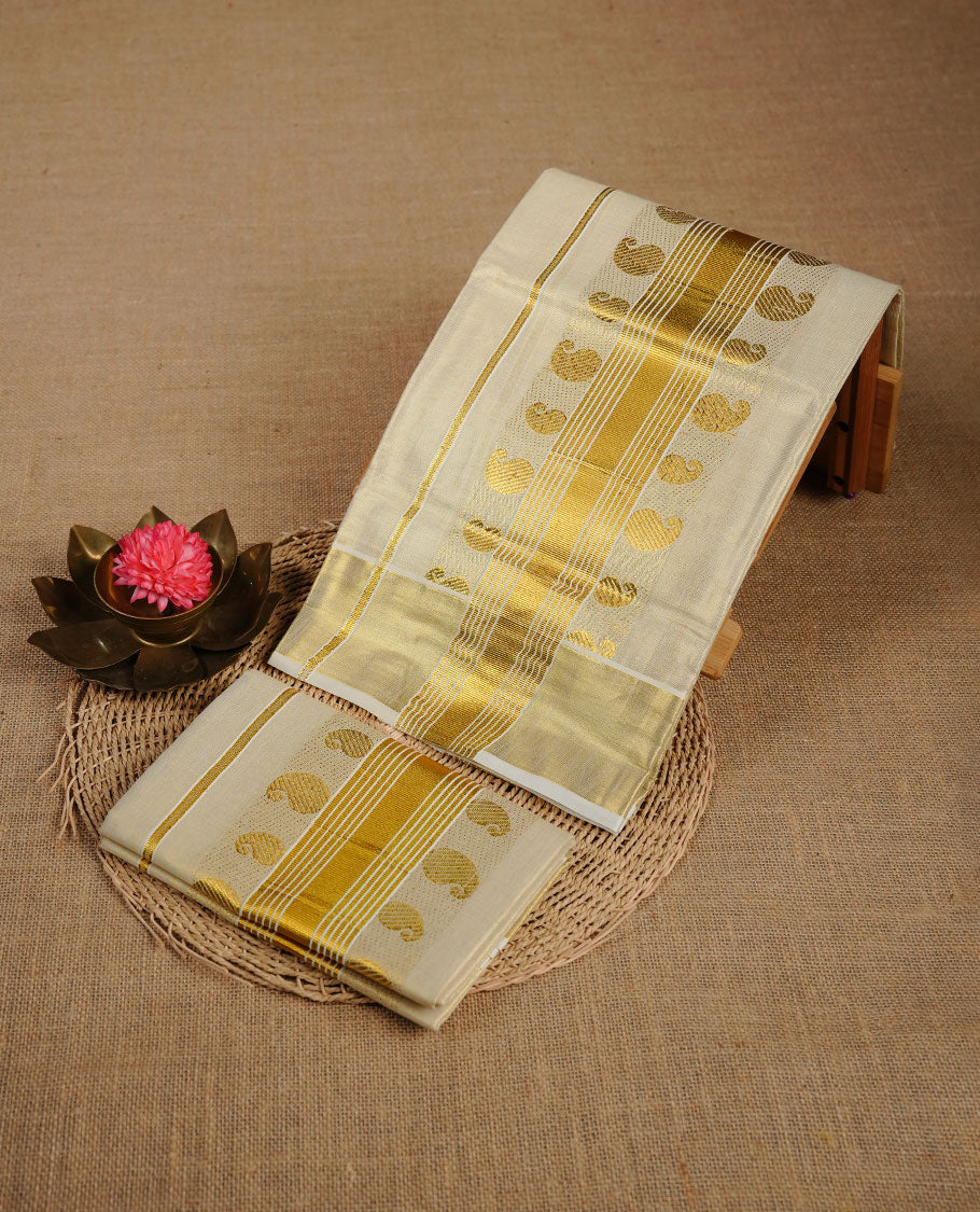 Light Gold colour tissue set mundu highlighting gold zari Mango pattern traditional border.