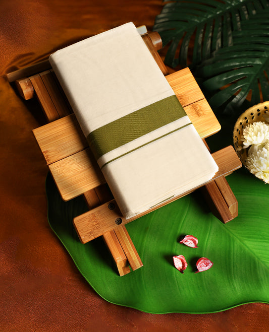Off white colour cotton double dhoti featuring a bold olive green border with fine stripe detailing, blending simplicity with elegance for traditional and festive occasions.