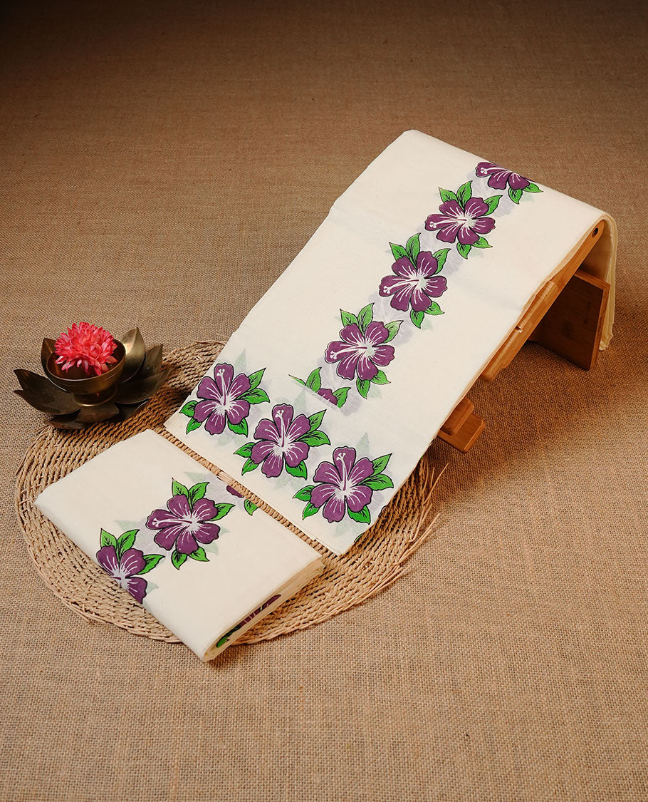 Off white colour Cotton Set Mund featuring a plain body, enhanced by a purple floral printed border.