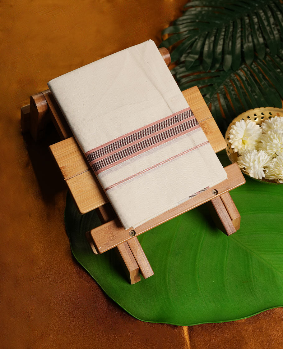 Cream Colour Pure Cotton single Dhoti with rose gold and black Colour Border for Men