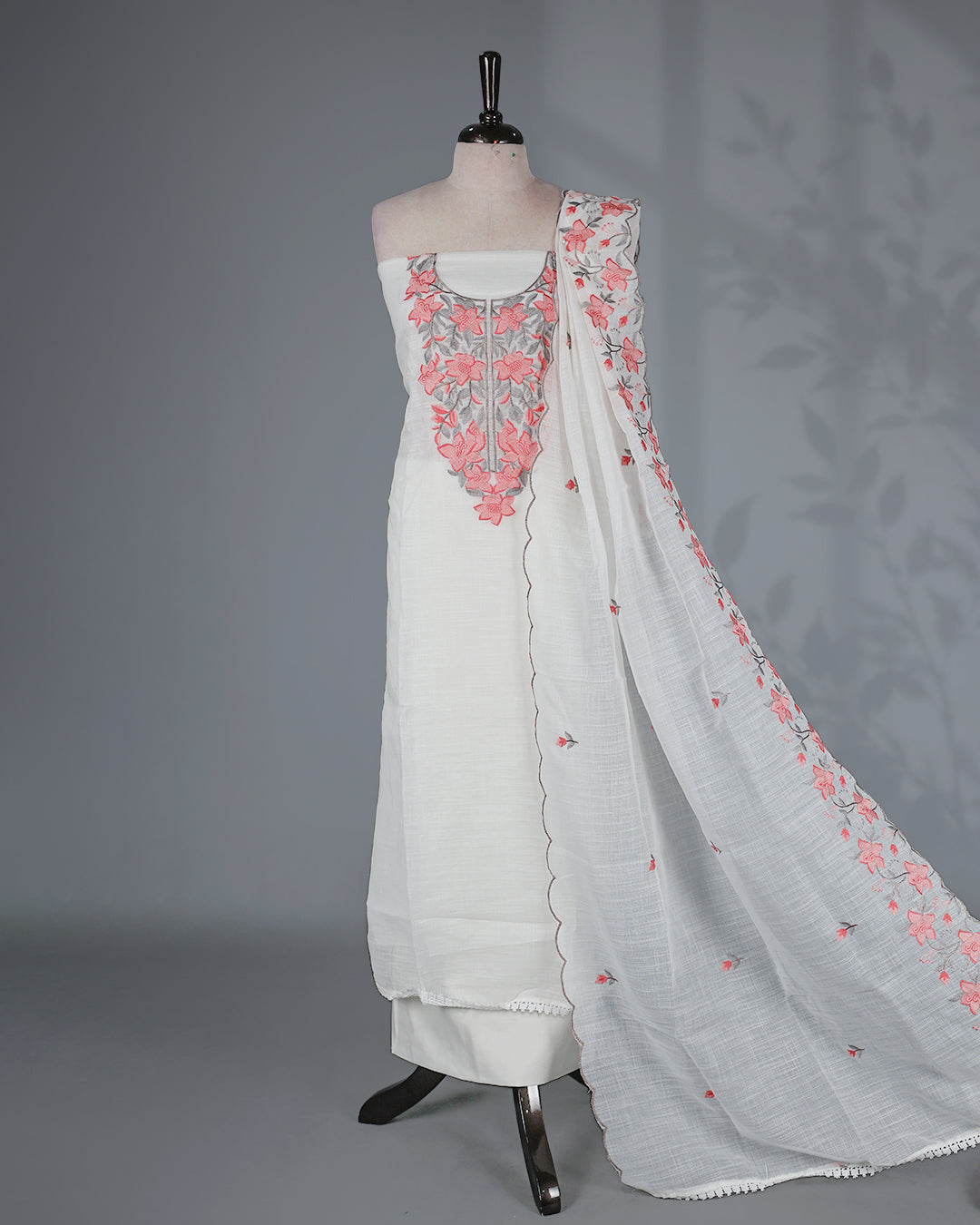 Off White Kotta Net Salwar Material featuring elegant Pink floral thread embroidery on yoke, paired with a matching bottom and an embroidered dupatta