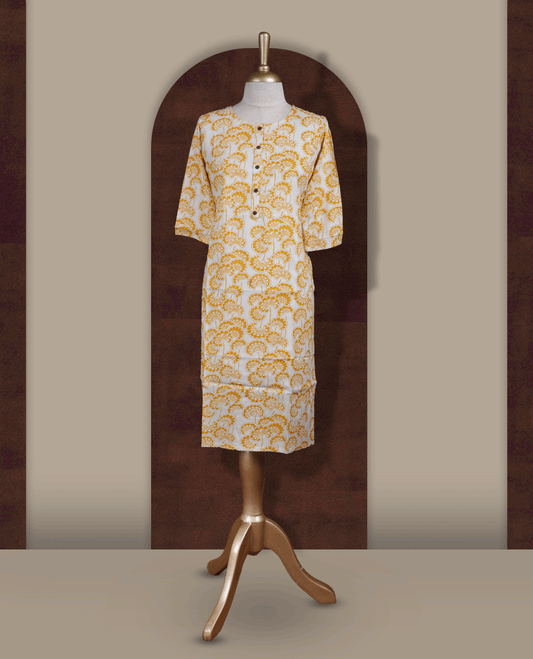 White colour kurthi from TWARA, with beautiful yellow floral prints & Designed with a round neckline, button placket, and 3/4 sleeves.