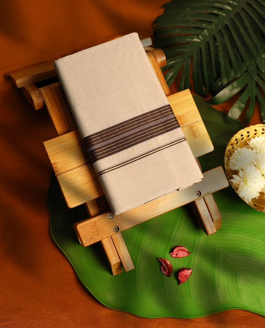 Light ivory Colour cotton double dhoti with 1.5 Inch Brown kara, crafted for traditional elegance & comfort, for men.