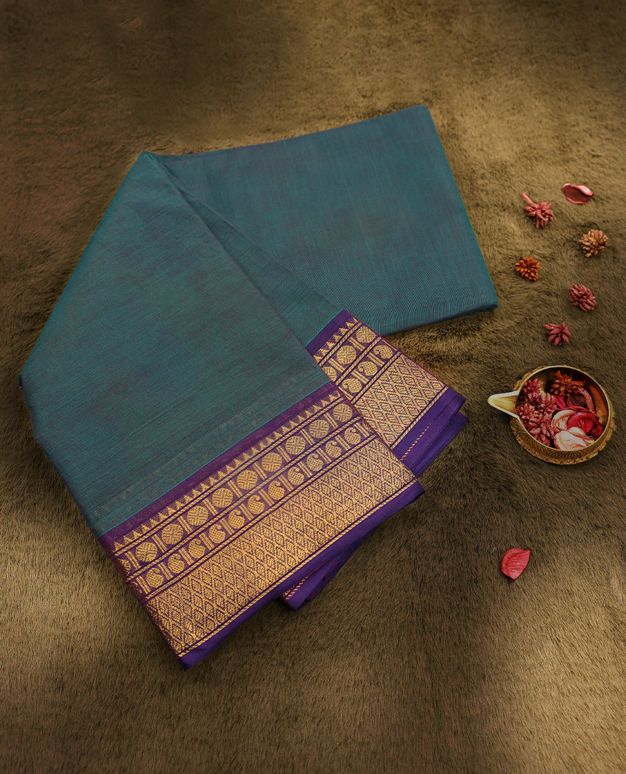 Peacock Green Colour Mixed Chettinad Cotton Saree having plain Body with Contrast Border and Self Coloured Blouse