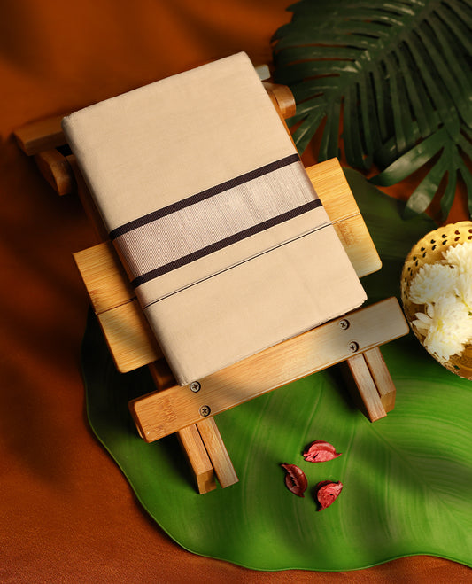 Light ivory Colour cotton double dhoti with 2 Inch Black & light Rose Gold kara, crafted for traditional elegance & comfort, for men.