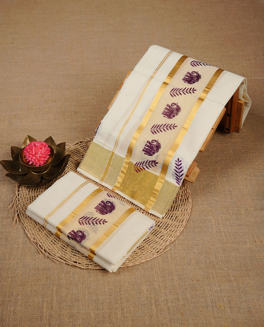 Cream colour set mundu highlighting elephant& leaf print on gold zari border.