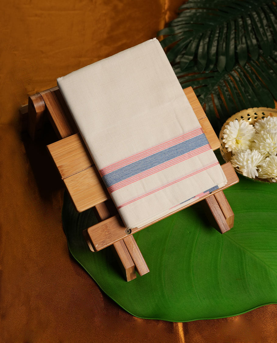 Cream Colour Pure Cotton single Dhoti with Pink and blue Colour Border for Men