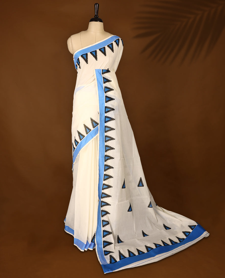 Elegant off white colour cotton Kerala saree featuring Plain body, Deep Blue colour border with colour temple designs, Paired with matching blouse offering a classic and graceful look