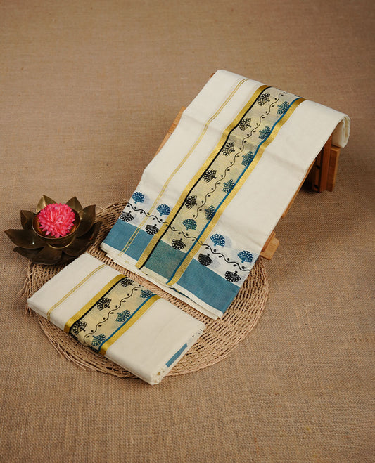 Cream colour cotton set mundu highlighting gold zari border with green & black colour print.