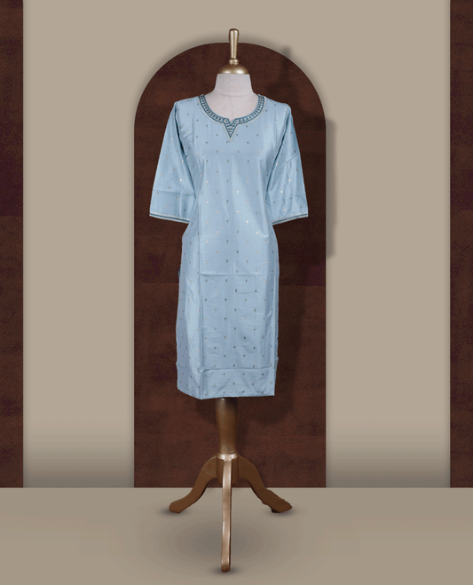 Pastel blue colour kurti from TWARA, adorned with delicate light golden & blue colour embroidery, featuring a stylish V notch neckline and comfy 3/4th sleeves.