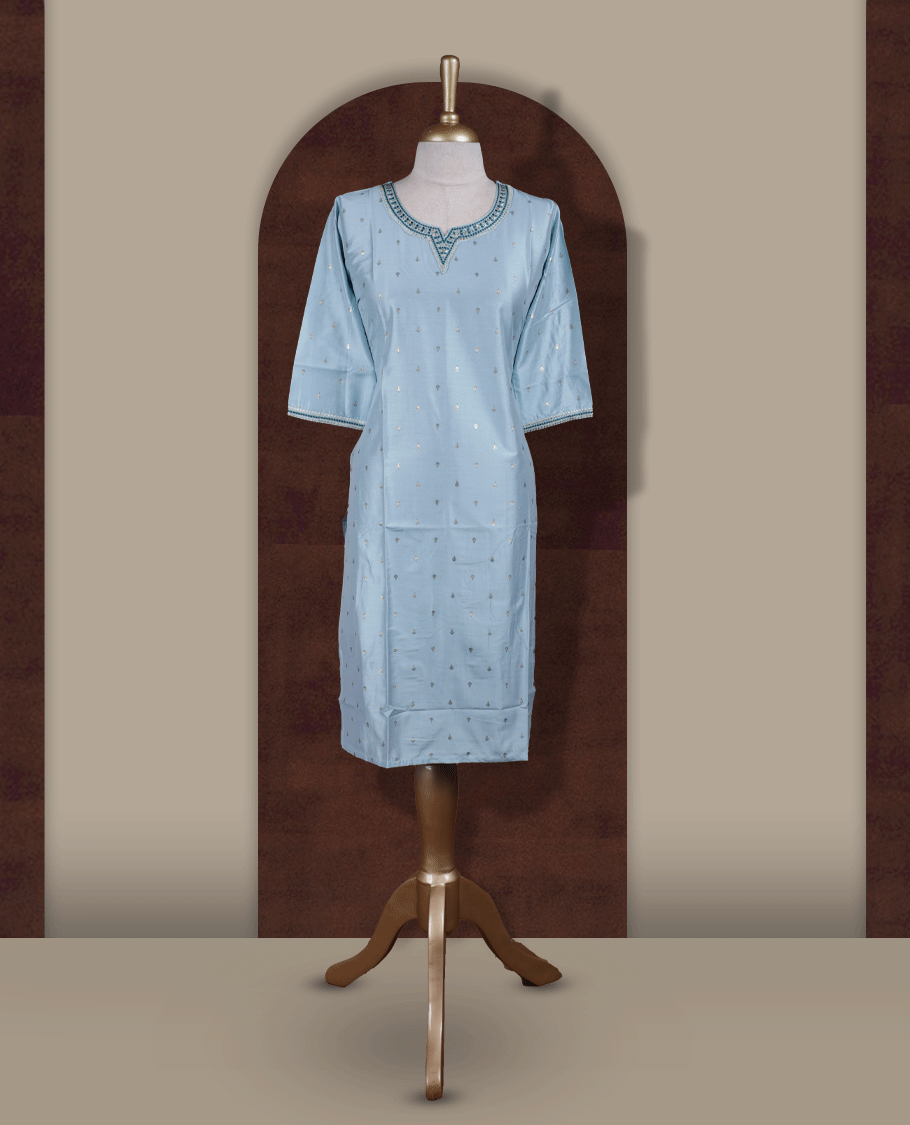 Pastel blue colour kurti from TWARA, adorned with delicate light golden & blue colour embroidery, featuring a stylish V notch neckline and comfy 3/4th sleeves.