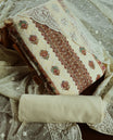 Cream and Peach churidhar material with floral thread & sequin embroidery, paired with a soft plain bottom & Comes with a sheer embroidered dupatta with fine lace borders & floral motifs for an elegant, graceful look.