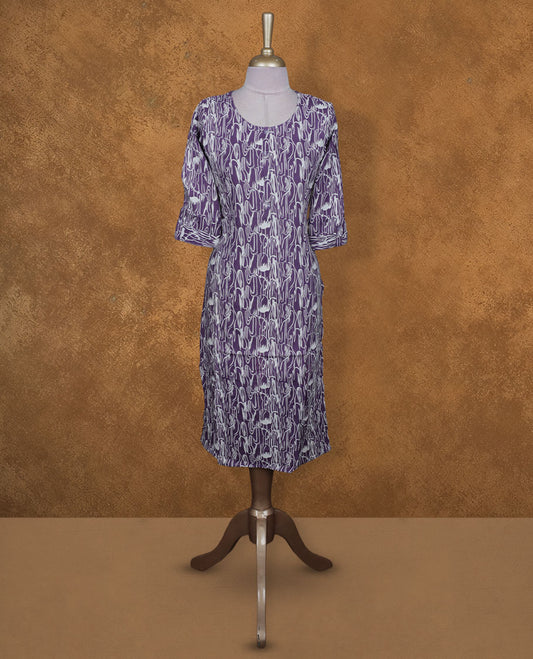 Violet and white colour kurti with White floral prints, knee length design, styled with a round neckline and a sleeve .
