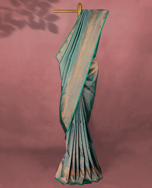 Aqua Colour Kancheepuram Silk Brocade Saree having Brocade Body with Self Coloured Brocade Border and Blouse